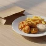 Takeaway-Teller mit Pommes, Hähnchenbällchen und Dip.