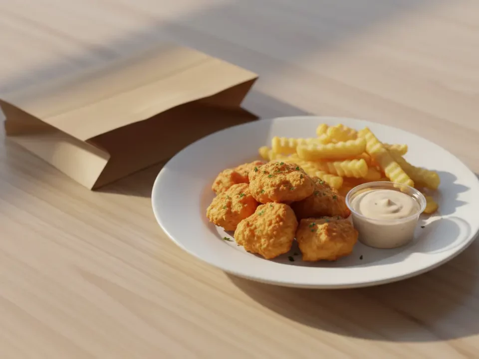 Takeaway-Teller mit Pommes, Hähnchenbällchen und Dip.