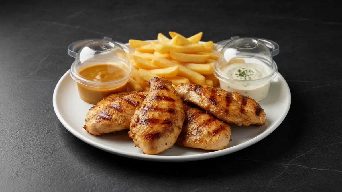 Gegrillte Hähnchenflügel mit Pommes und Saucen