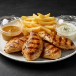 Gegrillte Hähnchenflügel mit Pommes und Saucen