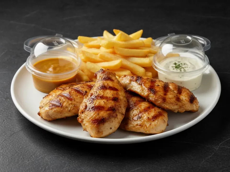 Gegrillte Hähnchenflügel mit Pommes und Saucen