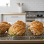 Hähnchenkeulen mit Gewürzkruste auf Backblech.