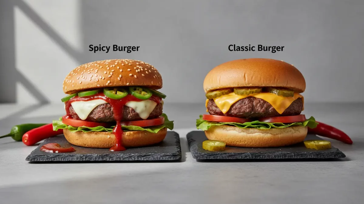 Zwei Burger nebeneinander: Spicy links, Classic rechts.