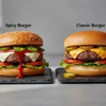 Zwei Burger nebeneinander: Spicy links, Classic rechts.