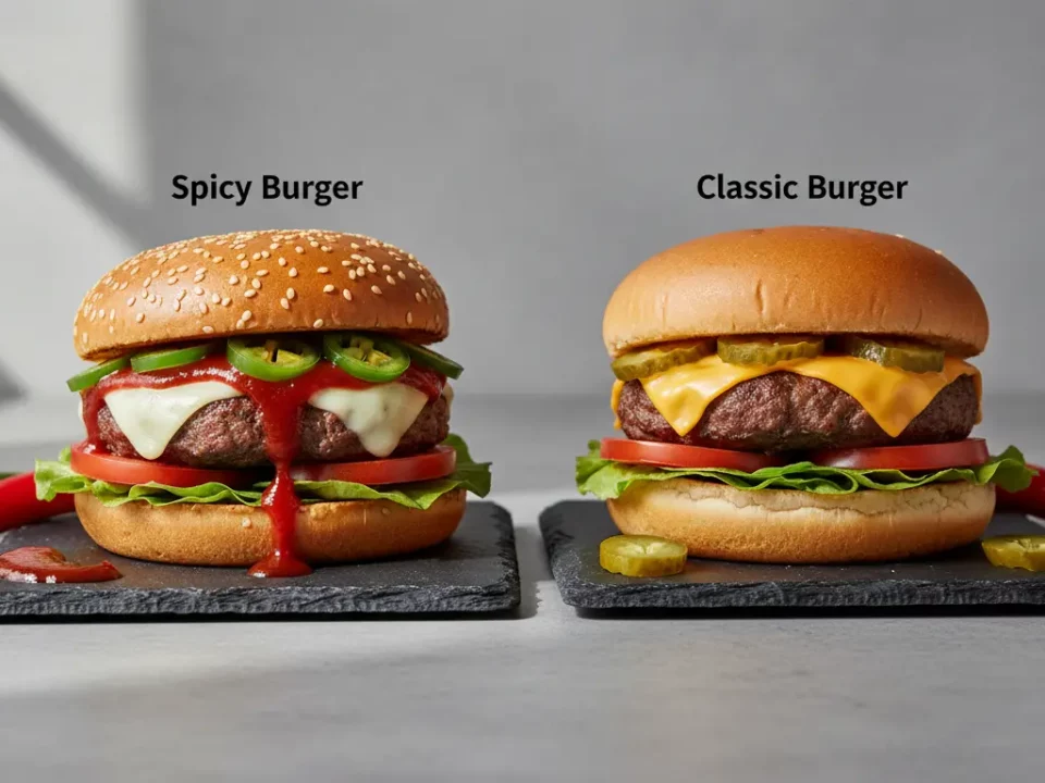Zwei Burger nebeneinander: Spicy links, Classic rechts.