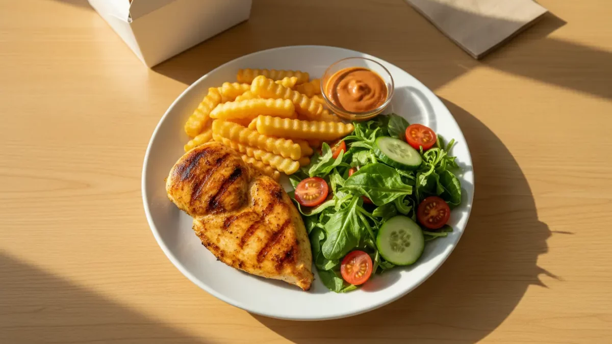 Gegrillte Hähnchenbrust, Pommes, Salat mit Gurken und Tomaten.