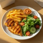 Gegrillte Hähnchenbrust, Pommes, Salat mit Gurken und Tomaten.