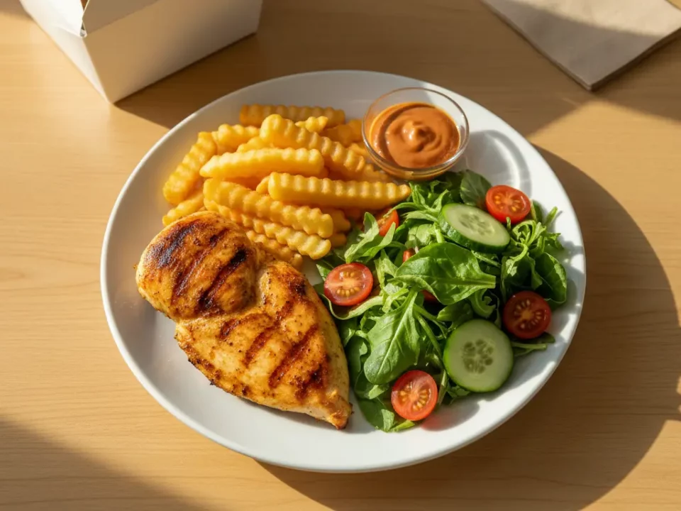 Gegrillte Hähnchenbrust, Pommes, Salat mit Gurken und Tomaten.