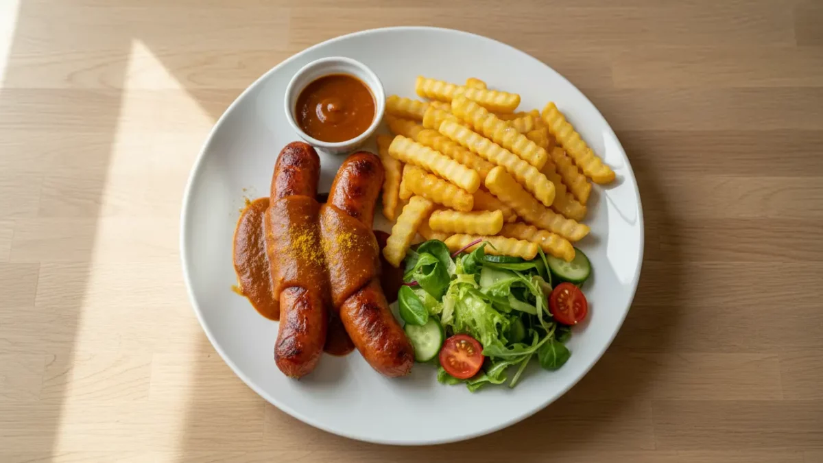 Würstchen mit Pommes, Salat und Sauce.