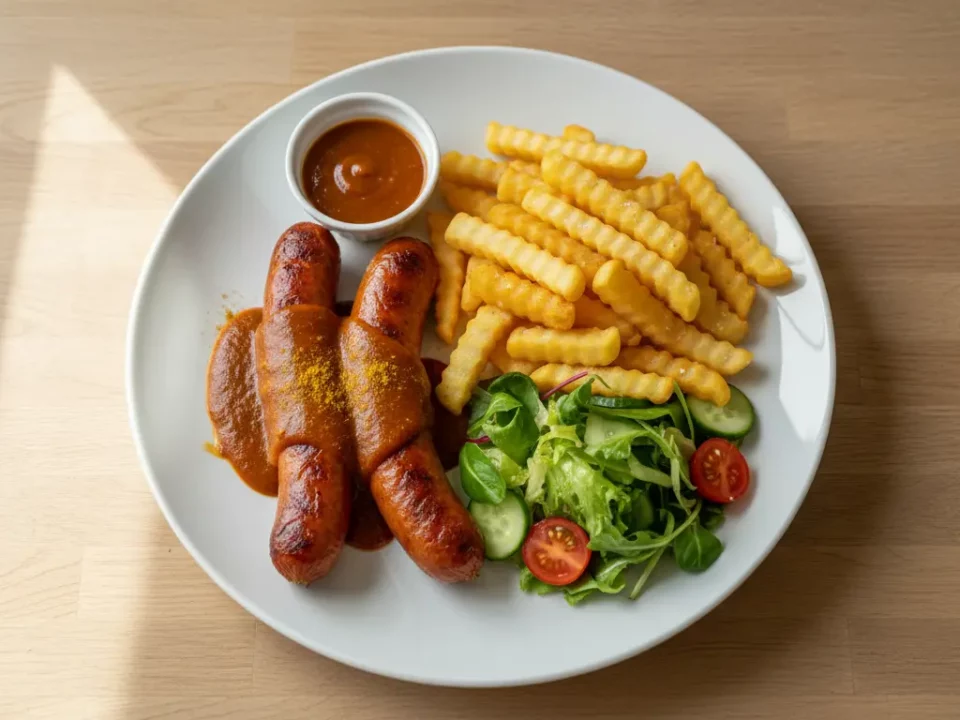 Würstchen mit Pommes, Salat und Sauce.