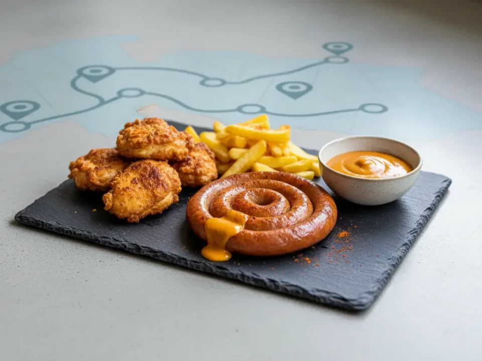 Snackteller mit Nuggets, Würstchen, Pommes und Sauce.
