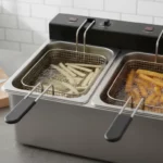 Doppelkorb-Fritteuse mit Pommes im Öl