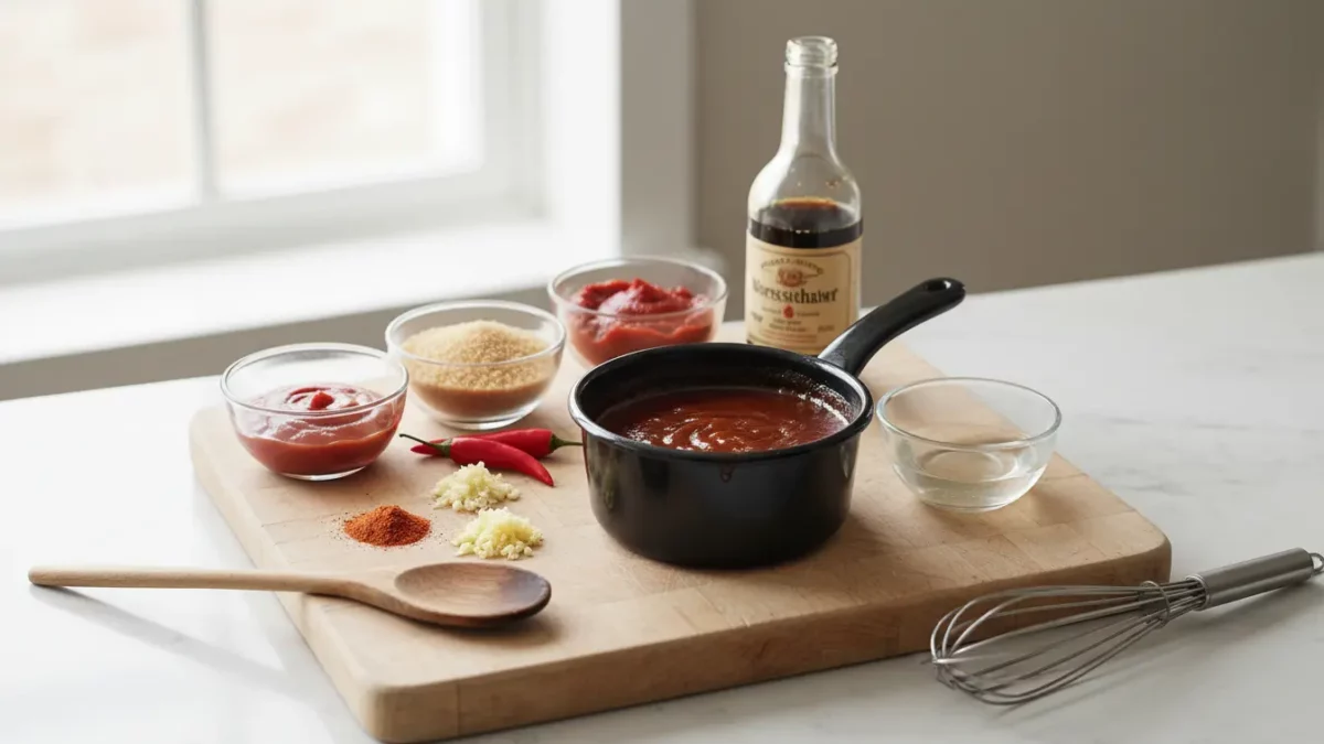 Schneidebrett mit Tomatensauce, Gewürzen und Küchenutensilien.