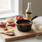Schneidebrett mit Tomatensauce, Gewürzen und Küchenutensilien.