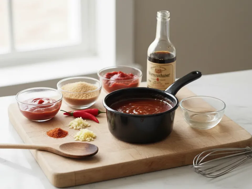 Schneidebrett mit Tomatensauce, Gewürzen und Küchenutensilien.