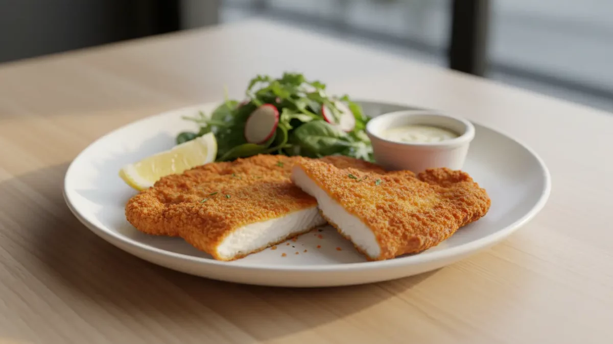 Knuspriges Schnitzel mit Salat, Zitronenscheibe und Dip.