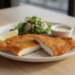 Knuspriges Schnitzel mit Salat, Zitronenscheibe und Dip.