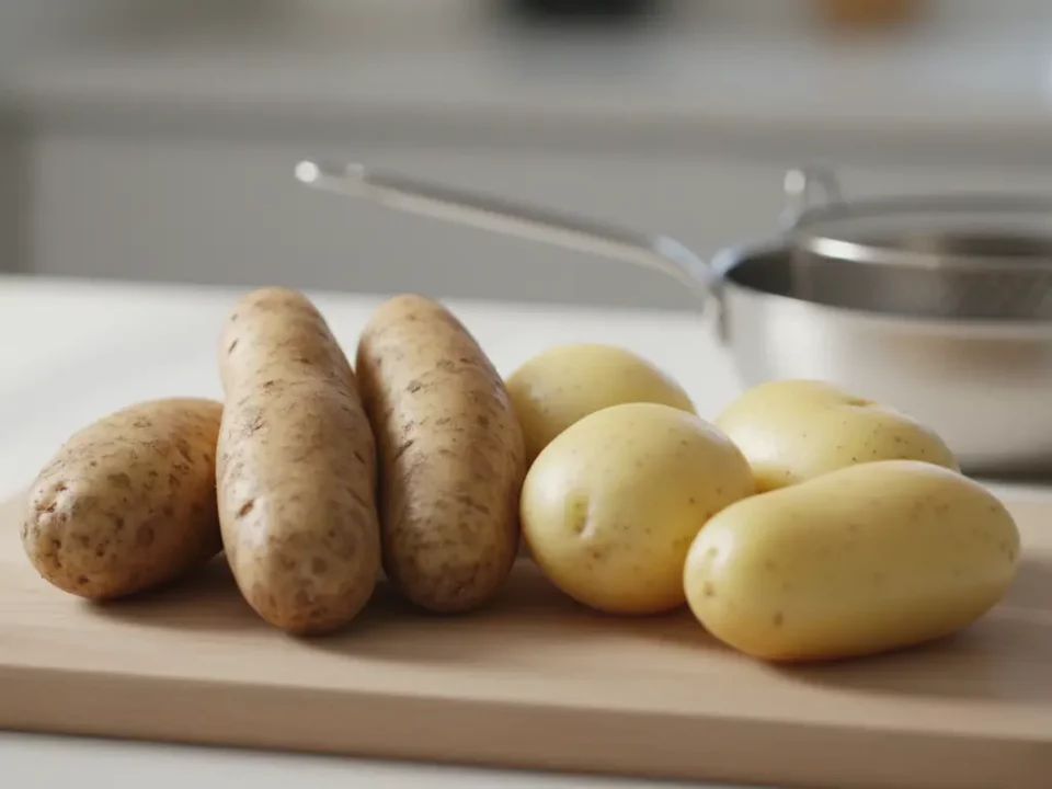 Kartoffeln auf Schneidebrett vor Küchenzubehör