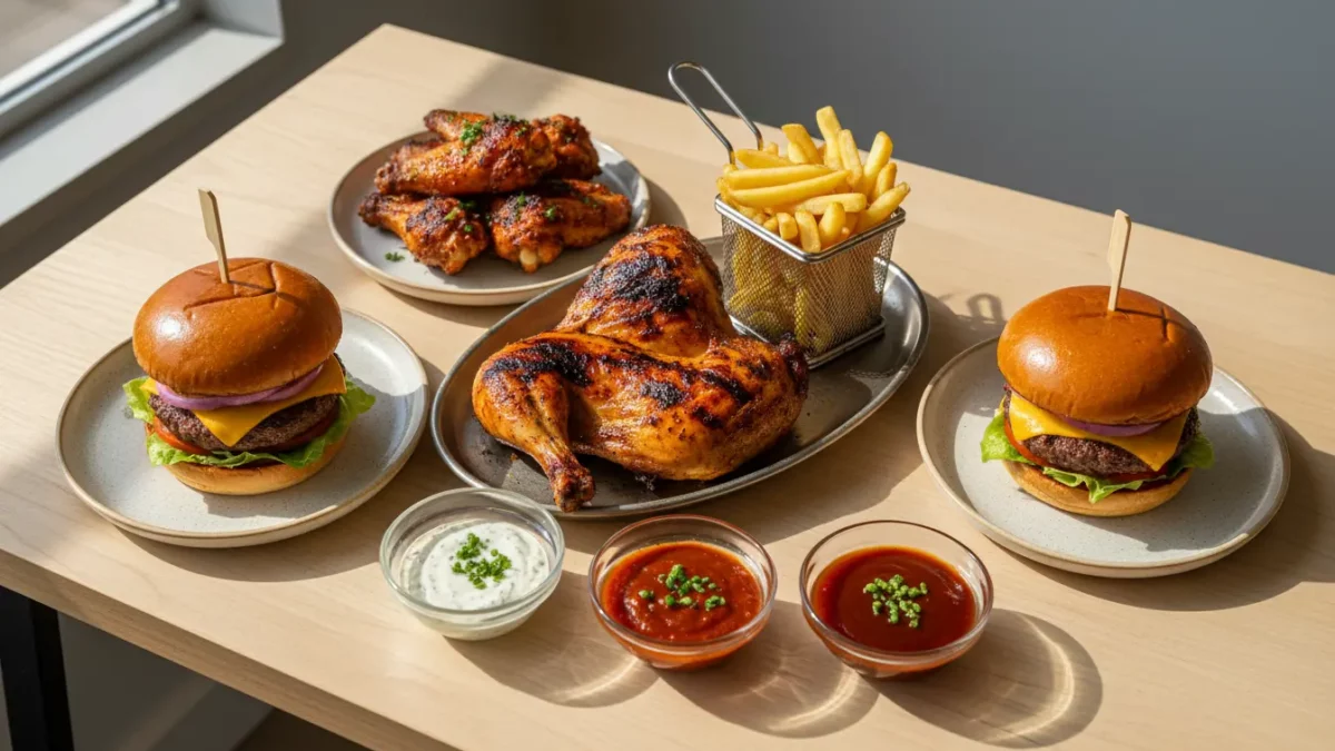 Gegrilltes Brathähnchen, zwei Burger, Pommes und Saucen.