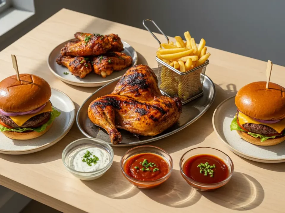 Gegrilltes Brathähnchen, zwei Burger, Pommes und Saucen.