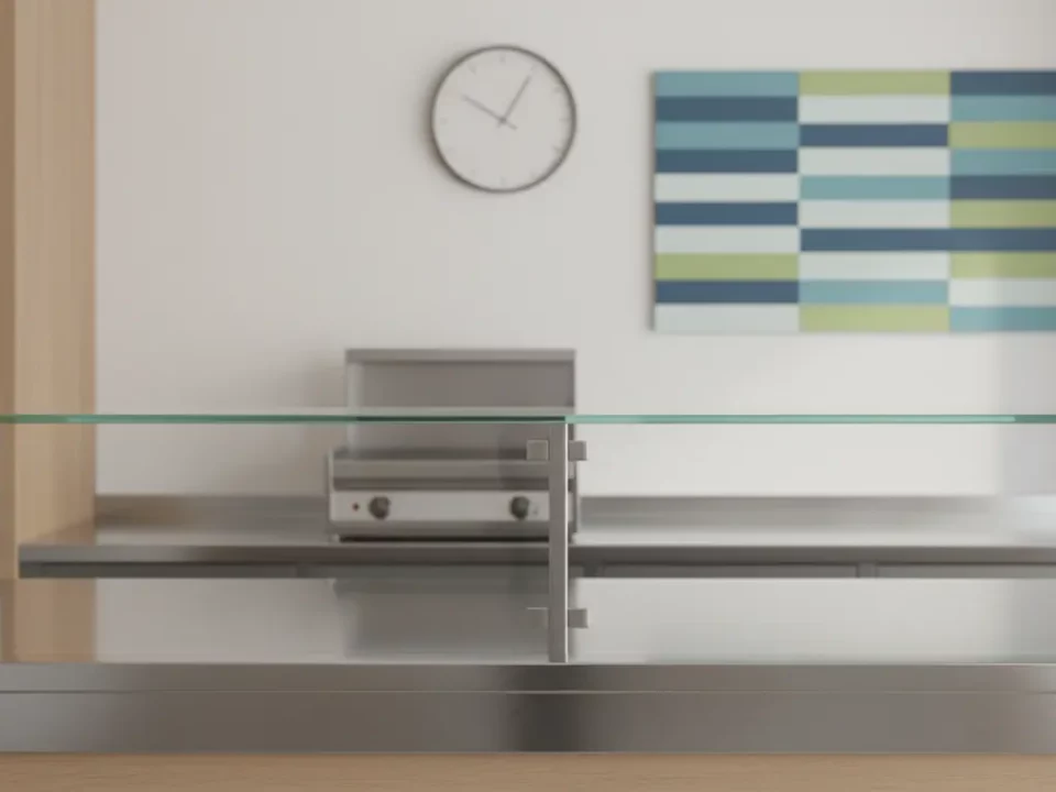 Moderne Innenansicht mit Glasgeländer, Uhr und Wandbild.