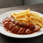 Würstchen in Tomatensauce mit Pommes auf Teller