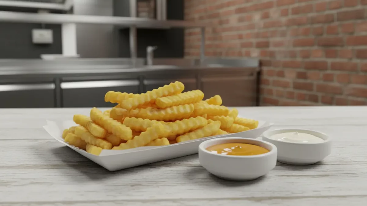 Knusprige Pommes mit zwei Dips auf einem Teller.