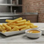 Knusprige Pommes mit zwei Dips auf einem Teller.
