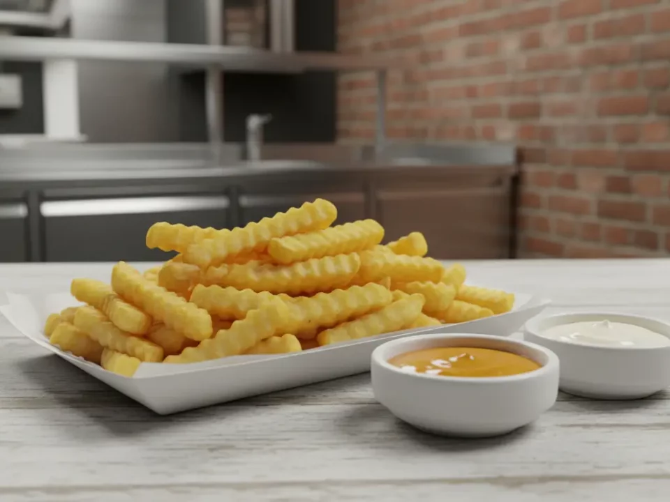 Knusprige Pommes mit zwei Dips auf einem Teller.