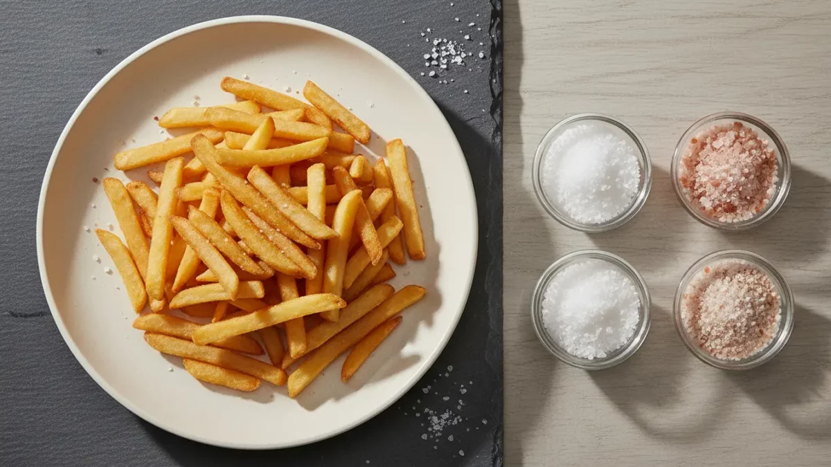 Pommes Frites auf Teller, daneben Salz- und Gewürzgläser.