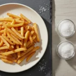 Pommes Frites auf Teller, daneben Salz- und Gewürzgläser.