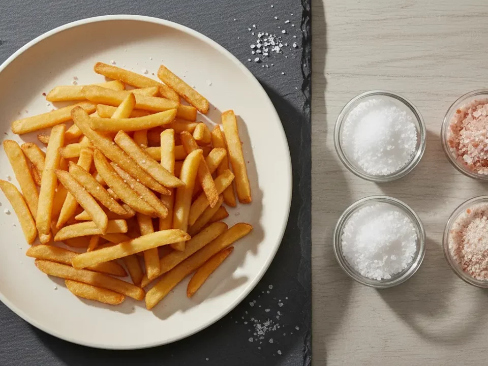 Pommes Frites auf Teller, daneben Salz- und Gewürzgläser.