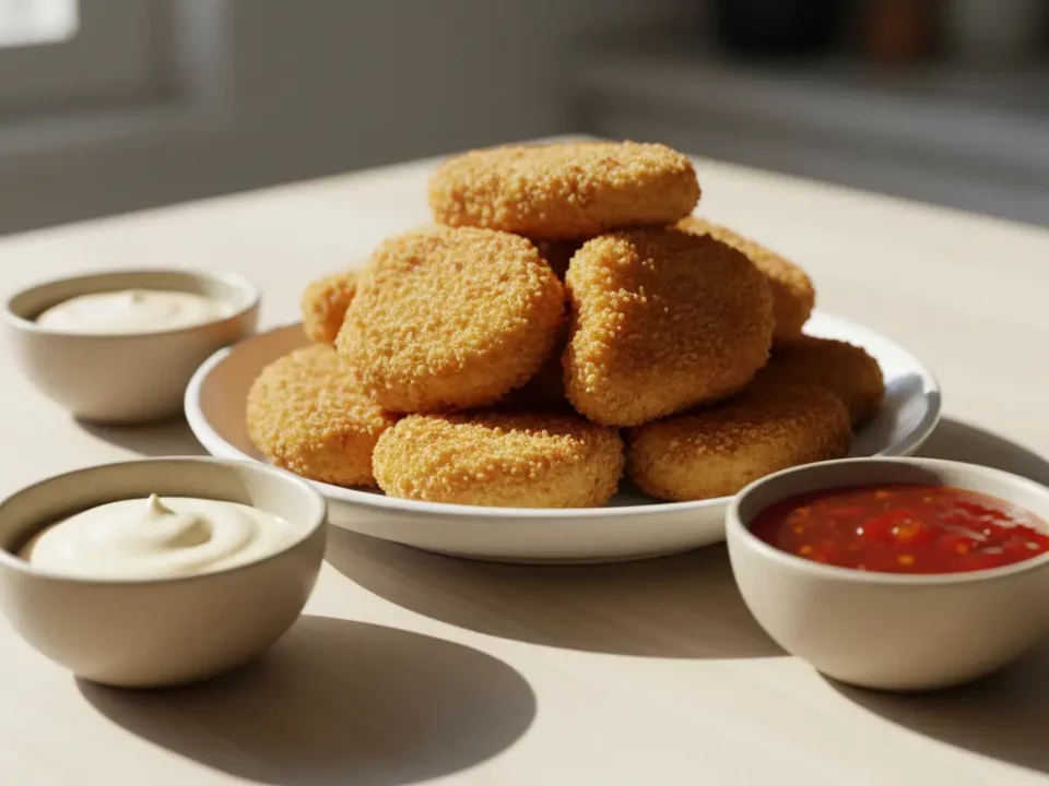 Knusprige Kroketten mit drei Dips auf Platte