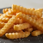 Knusprige Crinkle-Cut-Pommes mit Salz auf schwarzer Platte.