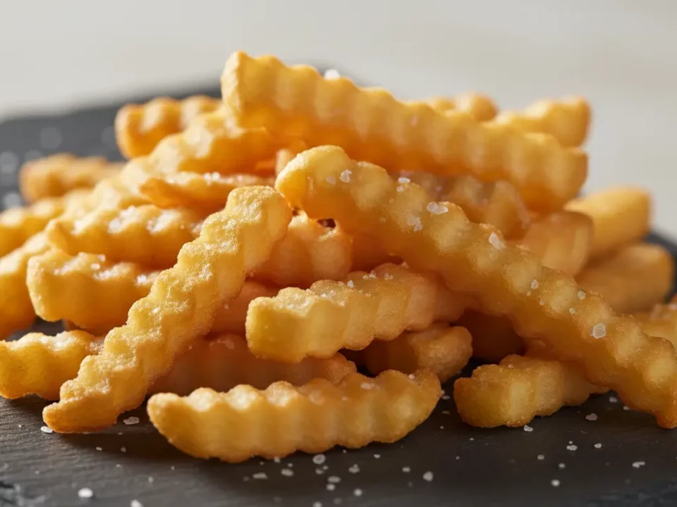 Knusprige Crinkle-Cut-Pommes mit Salz auf schwarzer Platte.