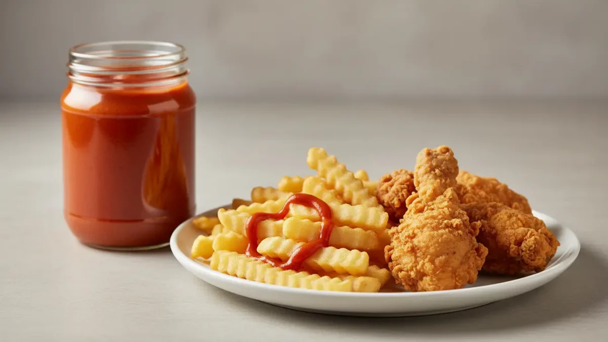 Pommes, frittiertes Hühnchen und Ketchup auf dem Teller.