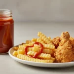 Pommes, frittiertes Hühnchen und Ketchup auf dem Teller.