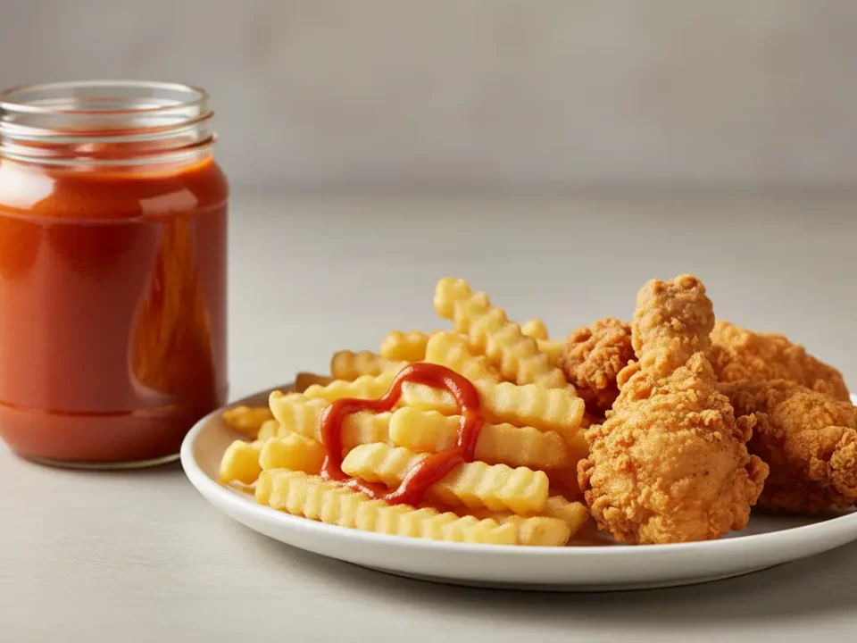 Pommes, frittiertes Hühnchen und Ketchup auf dem Teller.