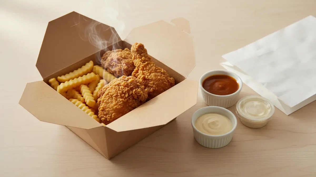 Knusprige Hähnchenstücke mit Pommes und Dips