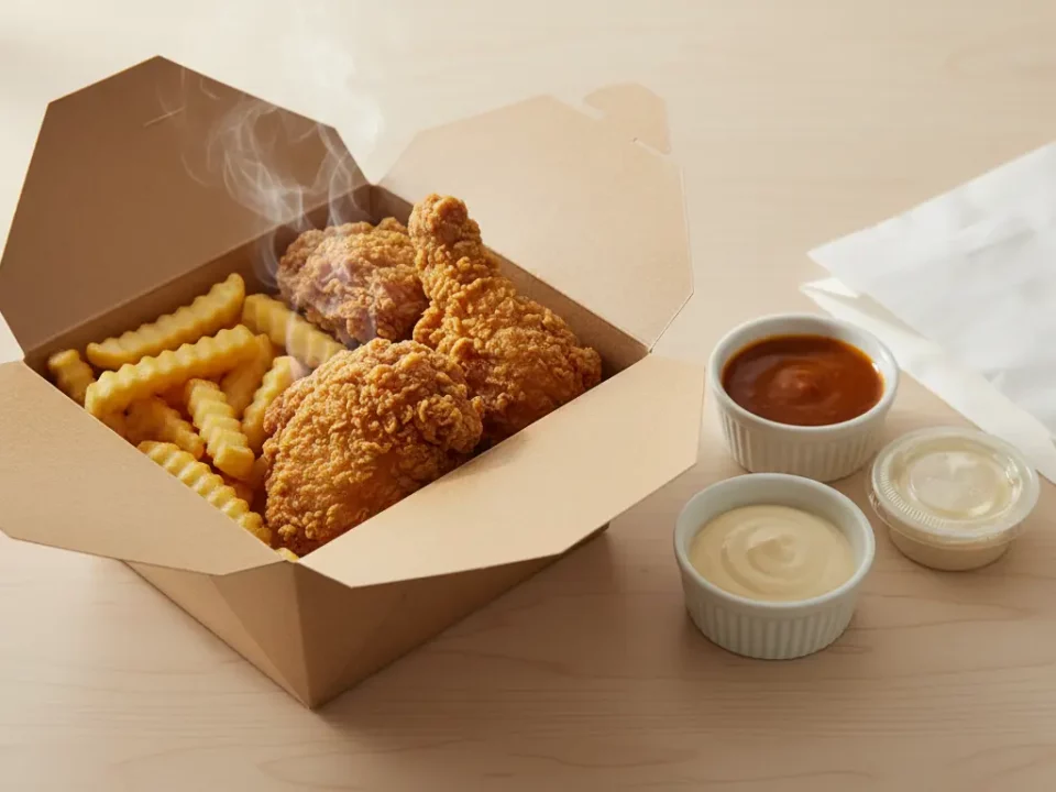 Knusprige Hähnchenstücke mit Pommes und Dips