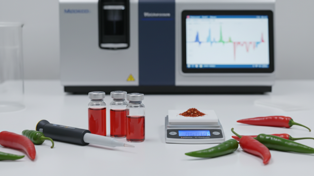 Laborarbeitsplatz mit Fläschchen roter Flüssigkeit, Pipette, Waage mit rotem Pulver und Paprika