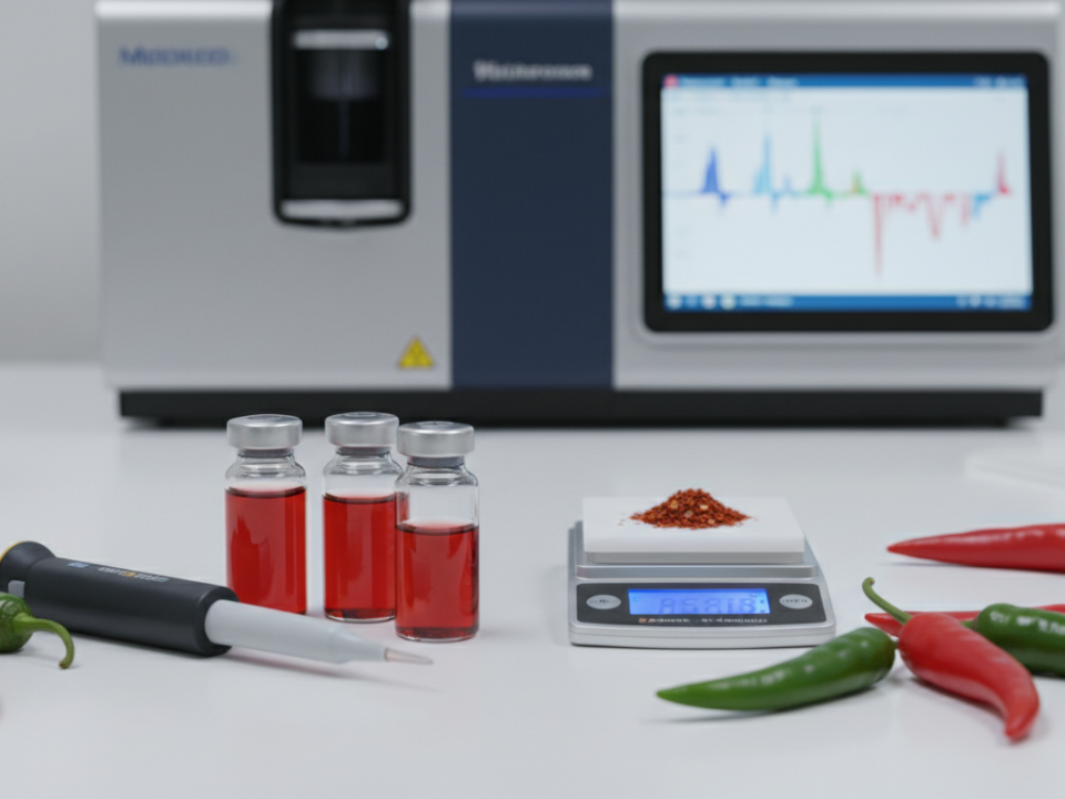 Laborarbeitsplatz mit Fläschchen roter Flüssigkeit, Pipette, Waage mit rotem Pulver und Paprika