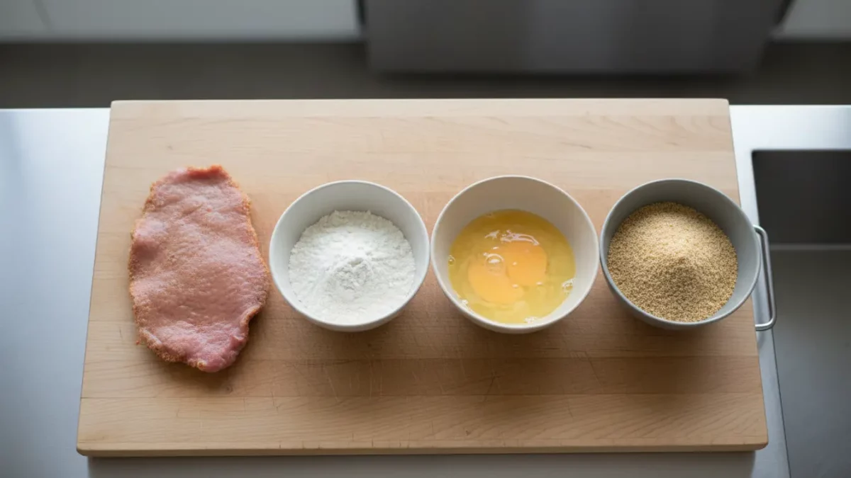 Rohes Schnitzel mit Mehl, Ei und Semmelbröseln.