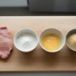 Rohes Schnitzel mit Mehl, Ei und Semmelbröseln.