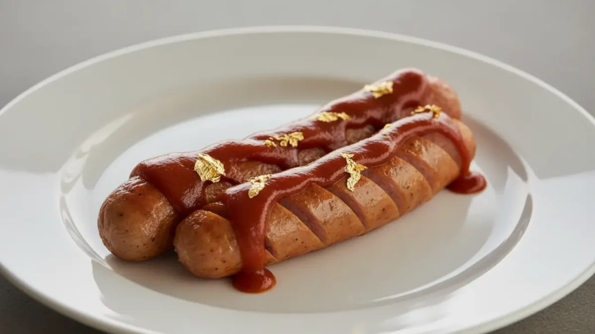 Bratwurst mit Ketchup und essbaren Goldblättern