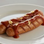 Bratwurst mit Ketchup und essbaren Goldblättern