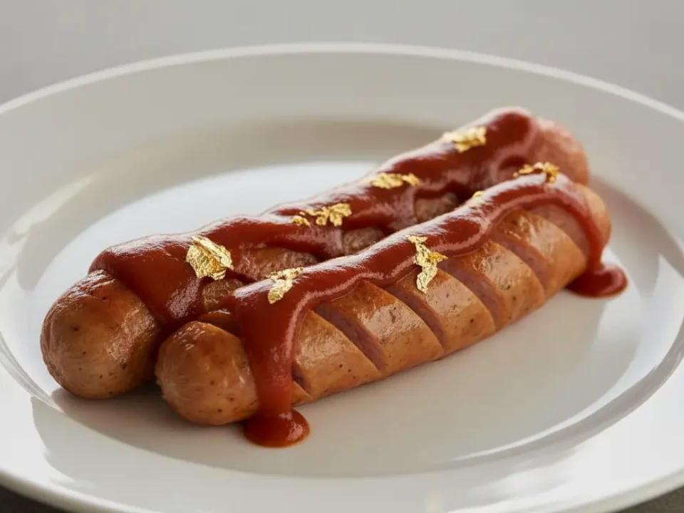 Bratwurst mit Ketchup und essbaren Goldblättern
