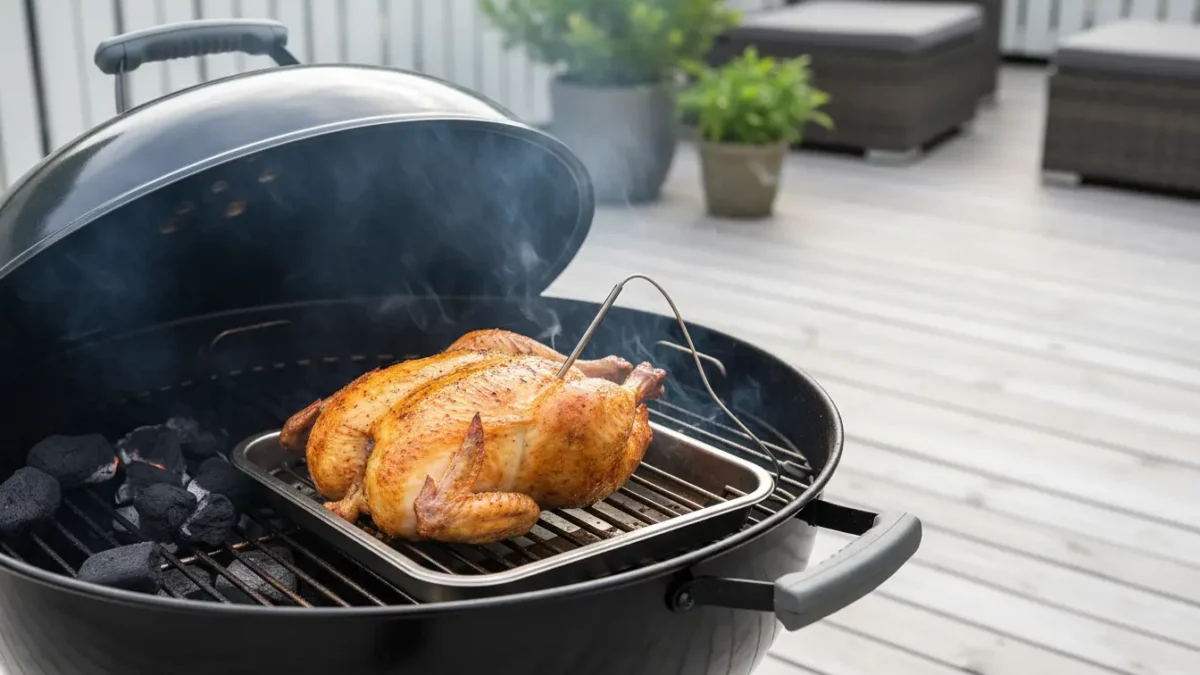 Hähnchen brät auf Kugelgrill, Terrasse im Hintergrund.