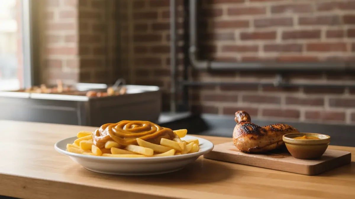 Pommes mit brauner Sauce und Brötchen auf Holzbrett