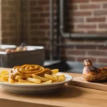 Pommes mit brauner Sauce und Brötchen auf Holzbrett